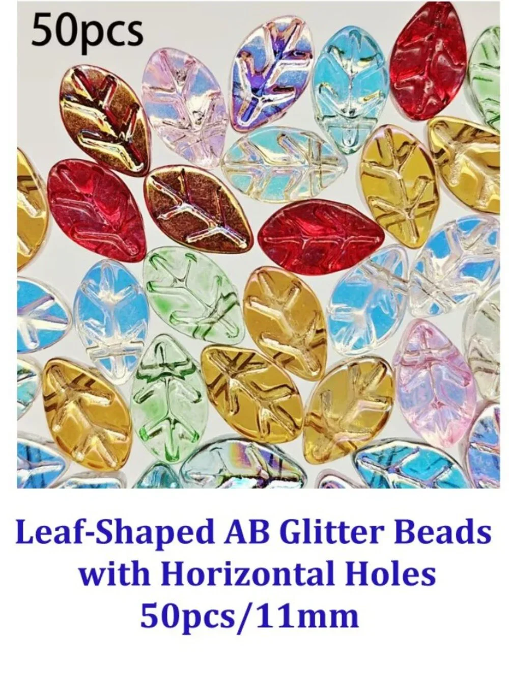 Leaf-Shaped AB Glitter Beads  with Horizontal Holes 50pcs/11mm